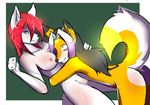  anthro areola border breasts canine duo eyes_closed female female/female flat_chested fox hair hug looking_at_viewer mammal multicolored_hair naomy nipples nude pussy raised_tail red_hair simple_background smile 