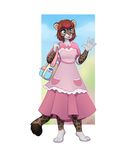  bag blue_eyes bottle brown_fur brown_hair clothing cloud diaper dress feline female fur grass hair hi_res mammal paws powder sky smile solo spots waving wen 