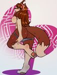  2016 anthro avante92 breasts brown_eyes brown_fur brown_hair butt canine clothing dog female fur hair hi_res hindpaw long_hair looking_back mammal nipples panties pawpads paws side_boob solo underwear 