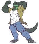  2016 anthro barefoot biceps big_muscles brown_eyes cigarette claws clothed clothing digital_media_(artwork) dinosaur flexing green_scales hand_behind_head hi_res jacket male muscular open_jacket osoalex pants pecs reptile scales scalie shirt simple_background smoking solo standing teeth theropod toe_claws tyrannosaurus_rex white_background 