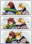  &lt;3 2016 anthro bear bearlovestiger13 black_eyes blue_eyes blush brown_fur clothing digital_media_(artwork) feline fur green_scarf grizzly_bear group hair happy hi_res holidays jacket japan juuichi_mikazuki love male mammal minasato_village morenatsu muscular scarf snow snow_fall tiger torahiko_(morenatsu) winter 