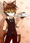  2016 anthro canine chest_tuft clothed clothing cup devil-vox green_eyes hand_behind_back looking_at_viewer male mammal necktie platter portrait smile solo standing three-quarter_portrait tuft vest waiter wolf 