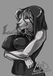  anthro big_breasts breast_rest breasts canine female half-closed_eyes hi_res holding_breast looking_at_viewer mammal monochrome nipple_bulge simple_background solo trixythespiderfox 