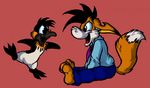  2015 anthro avian bird black_hair canine david_hopkins diti driprat duo eye_contact feral fnar fox hair happy male mammal mixed_media penguin simple_background sitting smile toony 