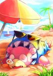  beach_umbrella digital_media_(artwork) eyewear group mega_slowbro nintendo pok&eacute;mon slowbro slowpoke snot solo_focus sunglasses video_games whitmoon 