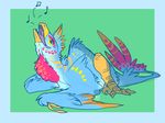  2016 abstract_background ambiguous_gender blue_feathers claws dinosaur feathered_dinosaur feathers feral hi_res markings mutisija open_mouth pink_eyes pink_feathers raptor simple_background singing smile solo tongue wings yellow_markings 