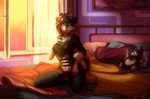  anthro bed breasts canine female half-closed_eyes inside kneeling looking_at_viewer mammal navel nipple_bulge pillow smile solo teddy_bear tsukinori 