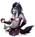  anthro black_sclera bra breasts clothing fangs female half-closed_eyes hi_res looking_at_viewer mightyena nintendo open_mouth panties pok&eacute;mon portrait red_eyes simple_background smile solo teeth three-quarter_portrait underwear vexstacy video_games white_background 