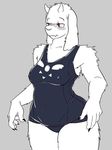  2015 blush boss_monster clothing female grey_background mothercrow nipple_bulge one-piece_swimsuit red_eyes simple_background solo swimsuit toriel undertale video_games 
