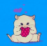  &lt;3 ambiguous_gender berry blue_background blue_eyes blush cute eating feral food fruit fur hamster mammal mutisija overweight raspberry rodent simple_background sitting solo whiskers white_fur 