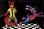  animatronic anthro bonnie_(fnaf) canine clothed clothing crossover digital_media_(artwork) disney duo falling five_nights_at_freddy&#039;s fox foxy_(fnaf) havick_(artist) hook lagomorph machine male mammal rabbit robot tripping video_games zootopia 