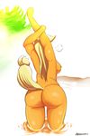  2015 absurd_res anthro anthrofied applejack_(mlp) big_butt blonde_hair breasts butt earth_pony equine female freckles friendship_is_magic hair hi_res horse mammal murderousart my_little_pony nipples pony pussy rear_view side_boob simple_background solo standing stretching white_background 