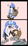  &lt;3 2015 anthro avian babynarwhal beak bird blue_jay brown_fur carrying cartoon_network comic corvid duo english_text eyes_closed feathers fur hi_res male mammal mordecai_(regular_show) open_mouth raccoon regular_show rigby_(regular_show) simple_background smile standing teeth text 