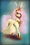  2016 crown cutie_mark das-leben equine feathered_wings feathers female feral friendship_is_magic hair hi_res horn jewelry long_hair looking_at_viewer mammal my_little_pony necklace pink_hair princess_celestia_(mlp) smirk solo spread_wings winged_unicorn wings 
