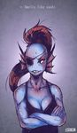  2015 blue_skin breast_squish breasts cleavage clothed clothing eye_patch eyewear fangs female fish hair long_hair marine muscular muscular_female ponytail portrait red_hair shiny_skin shirt simple_background solo sponson standing tank_top text undertale undyne video_games 