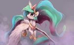  2016 crown equine feathered_wings feathers female feral flying friendship_is_magic glowing grey_background hair hi_res horn jewelry long_hair mammal multicolored_hair my_little_pony necklace noctilucent-arts princess_celestia_(mlp) simple_background smile solo spread_wings winged_unicorn wings 