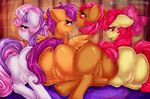  2016 apple_bloom_(mlp) babs_seed_(mlp) blush butt cutie_mark_crusaders_(mlp) digital_media_(artwork) dimwitdog earth_pony equine feathered_wings feathers female feral friendship_is_magic group hair hair_bow hair_ribbon half-closed_eyes hooves horn horse looking_at_viewer looking_back mammal multicolored_hair my_little_pony open_mouth patreon pegasus pink_hair pony purple_hair pussy pussy_juice rear_view red_hair ribbons scootaloo_(mlp) sweetie_belle_(mlp) tongue tongue_out two_tone_hair unicorn wings young 