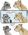  2016 angry blackteagan blue_eyes comic confusion dialogue duo english_text feline female lion male mammal raccoon speech_bubble text 