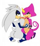  2016 anthro big_breasts big_butt breasts butt chameleon crossgender duo espio_the_chameleon female fur hedgehog hi_res lizard looking_at_viewer mammal nude ravnic reptile scalie silver_the_hedgehog simple_background sonic_(series) video_games 