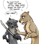  2016 blackteagan blue_eyes dialogue duo feline female lion male mammal melee_weapon raccoon speech_bubble sword weapon 