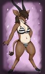  abstract_background absurd_res antelope anthro belly bovine breasts brown_fur clothing female full-length_portrait fur gazelle hi_res hooves horn mammal monohors3 multicolored_fur navel portrait simple_background slightly_chubby solo standing 