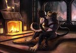  2016 charr claws couple detailed_background duo eye_contact feline female fireplace guild_wars horn male male/female mammal multi_ear on_lap paws romantic shalinka sitting straddling video_games 