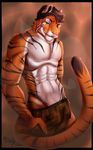  abs anthro clothed clothing feline half-closed_eyes hi_res looking_at_viewer male mammal navel smile solo stripes teeth tiger topless vexstacy 