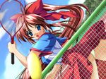  1girl ball blue_eyes brown_hair game_cg hair_ribbon kanzaki_aoi racket ribbon sky solo tennis tennis_ball tennis_racket true_blue upskirt 