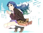  bad_id bad_pixiv_id blue_hair idolmaster idolmaster_(classic) kisaragi_chihaya long_hair nonowa school_uniform skirt solo squatting thesale wind yellow_eyes 