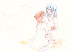  aoi_hana bad_id bad_pixiv_id barefoot blue_hair blush braid brown_hair closed_eyes dress flower flower_wreath glasses graphite_(medium) head_wreath kneeling long_hair manjoume_fumi multiple_girls okudaira_akira orange_hair rinsan_(nametake) smile sundress traditional_media twin_braids watercolor_(medium) 