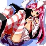  animal_ears breast_suppress breasts bunny_ears highres long_hair medium_breasts necktie no_nose open_mouth petticoat pink_hair red_eyes red_neckwear reisen_udongein_inaba shirt_lift skirt smile solo striped striped_legwear thighhighs touhou underboob yofukashi 