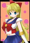  aino_minako aqua_eyes back_bow bad_id bad_pixiv_id bishoujo_senshi_sailor_moon blonde_hair blue_eyes blue_sailor_collar blue_skirt bow breasts choker cleavage earrings elbow_gloves gloves hair_bow half_updo jewelry large_breasts long_hair magical_girl navel pleated_skirt red_bow sailor_collar sailor_senshi_uniform sailor_v sana_(memechi) simple_background skirt solo stud_earrings white_gloves 