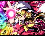  ascot ayakashi_(monkeypanch) blonde_hair cowboy_shot dress expressionless flandre_scarlet glowing hair_between_eyes hat letterboxed looking_at_viewer mob_cap orb puffy_short_sleeves puffy_sleeves red_dress red_eyes short_sleeves solo touhou 