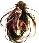  alice_(pandora_hearts) bare_shoulders breasts brown brown_hair cleavage dress hair_over_one_eye legs long_hair medium_breasts older pandora_hearts quuni simple_background sleeveless smile solo very_long_hair 