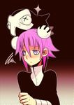  androgynous black_skin blue_eyes crona_(soul_eater) cuff_links hair_between_eyes hands_on_head high_collar looking_away lowres makenshi_chrona pink_hair purple_eyes ragnarok_(demon_sword) short_hair soul_eater sparkle spikes x_x 