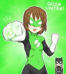  baragon batman batman_(cosplay) batman_(series) blonde_hair bodysuit brown_hair cosplay crossover dc_comics gloves green_lantern green_lantern_(cosplay) hirasawa_yui jewelry k-on! kotobuki_tsumugi long_hair multiple_girls parody pun ring short_hair 