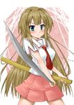  blue_eyes brown_hair foreshortening long_hair nurie school_uniform seto_no_hanayome seto_sun solo sword weapon 