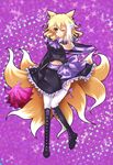  animal_ears bad_id bad_pixiv_id blonde_hair boots cross-laced_footwear detached_sleeves duster fox_ears fox_tail frilled_skirt frills halftone halftone_background knee_boots lace-up_boots multiple_tails navel one_eye_closed outstretched_hand purple short_hair skirt smile solo tail thighhighs tomcho touhou white_legwear yakumo_ran yellow_eyes zettai_ryouiki 