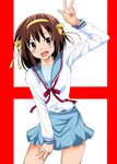  bad_id bad_pixiv_id brown_eyes brown_hair fang h hair_ribbon hairband kita_high_school_uniform machiya_sugizou ribbon school_uniform serafuku short_hair solo suzumiya_haruhi suzumiya_haruhi_no_yuuutsu v 