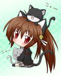  :&lt; animal animal_ears animal_on_head blush brown_hair cat cat_ears cat_on_head chibi little_busters! long_hair looking_back md5_mismatch natsume_rin on_head plaid plaid_skirt ponytail school_uniform skirt solo soutsuki_naru 