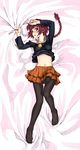  bed_sheet braid dakimakura darker_than_black feet full_body green_eyes highres legs lying midriff navel panties panties_under_pantyhose pantyhose red_hair satou_atsuki sheet_grab solo suou_pavlichenko underwear 