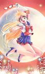  :d aino_minako back_bow bare_legs bishoujo_senshi_sailor_moon blonde_hair blue_sailor_collar bow choker city elbow_gloves facial_mark forehead_mark full_body full_moon gloves green_eyes hair_bow high_heels holding jumping legs long_hair looking_at_viewer magical_girl mask moon navel open_mouth outstretched_arm outstretched_hand red_bow sailor_collar sailor_senshi_uniform sailor_v shoes shoulder_pads skirt sleeveless smile solo strappy_heels white_gloves yusao 
