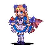  alice_(monster_girl_encyclopedia) animated animated_gif blonde_hair blue_eyes bow curtsey demon_girl demon_wings dress exet frills full_body garters horns lowres monster_girl monster_girl_encyclopedia pixel_art short_dress skirt skirt_hold smile solo standing succubus tail thighhighs transparent_background white_legwear wings zettai_ryouiki 