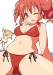  9law bikini blonde_hair breasts curvy double_bun hidamari_sketch hiro large_breasts midriff miyako multiple_girls navel oekaki one_eye_closed plump red_eyes red_hair side-tie_bikini swimsuit tears wide_face |_| 