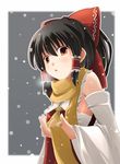  bandages black_hair bow brown_eyes detached_sleeves hair_bow hakurei_reimu meneru sarashi scarf snow solo touhou 