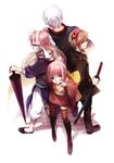  3boys braid brown_hair chinese_clothes closed_umbrella gintama japanese_clothes kagura_(gintama) kamui_(gintama) katana kimono multiple_boys okita_sougo oriental_umbrella pink_hair planted_umbrella purple_eyes red_eyes sakata_gintoki shell_(shell518) single_braid sword umbrella weapon white_hair yukata 