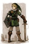  bad_id bad_pixiv_id blonde_hair final_fantasy final_fantasy_tactics gloves hat holding holding_sword holding_weapon iwauchi_tomoki left-handed link male_focus parody shield solo style_parody sword the_legend_of_zelda weapon 