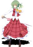  adjusting_hair ascot black_legwear closed_umbrella green_hair kazami_yuuka kurono_yuzuko mary_janes pantyhose parasol plaid plaid_skirt plaid_vest red_eyes shoes short_hair simple_background skirt skirt_set smile solo touhou umbrella untucked vest white_background 