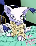  all_fours bed blue_eyes breasts digimon furry gatomon looking_at_viewer palcomix solo tail 