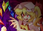  bad_id bad_pixiv_id blonde_hair clenched_hand crazy fang flandre_scarlet glowing glowing_eyes hanjuku_tomato hat red_eyes solo touhou wings 